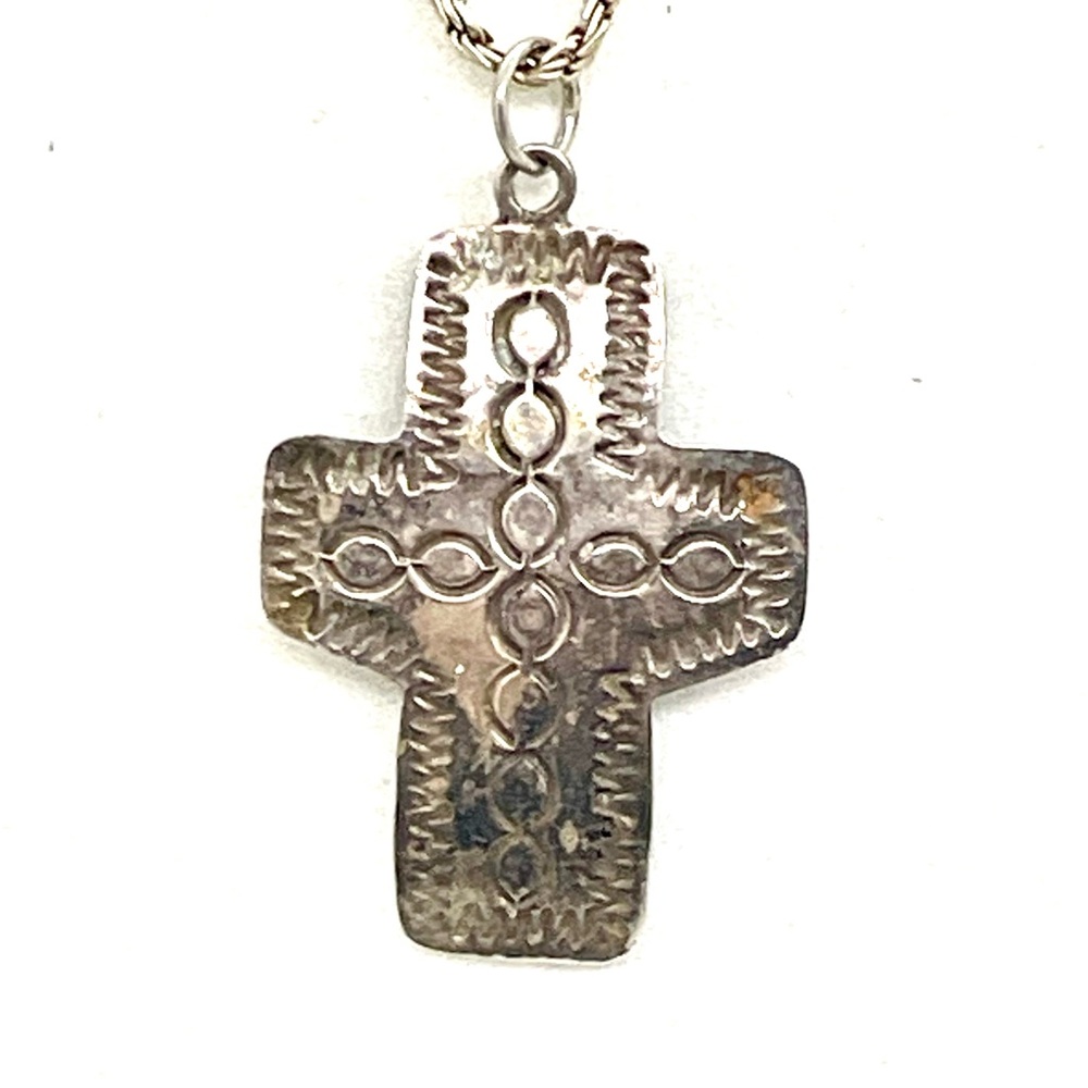 Mexican Sterling Etched Cross Necklace 16”
